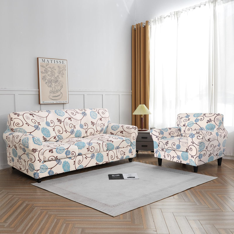 Red Barrel Studio Stretch Sofa Cover Printed Couch Cover Floral Pattern 3 Pieces Loveseat Slipcover With 2 Separate Cushion Cover Washable Furniture Protector For Living Room Loveseat Ball Flower Wayf...